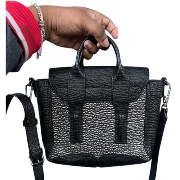 3.1 Phillip Lim Pashli Satchel Bag Black Pebble Leather Metallic Textured - Picture 3 of 13